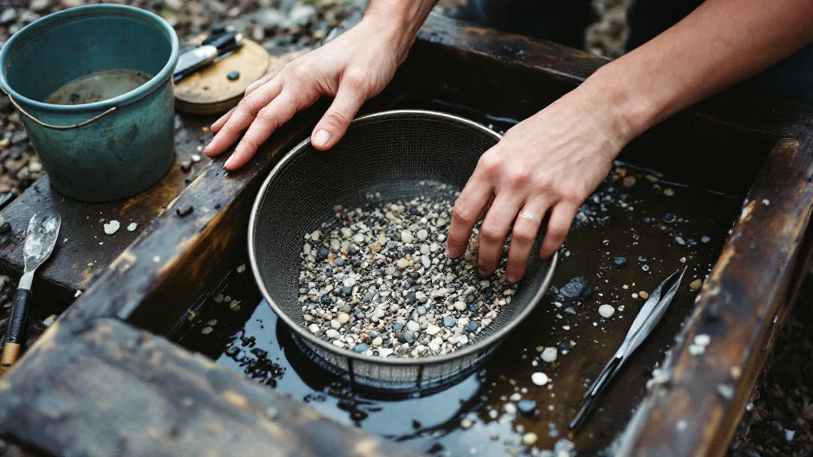 Hands sieving wet gravel over a wash trough at a public gem field