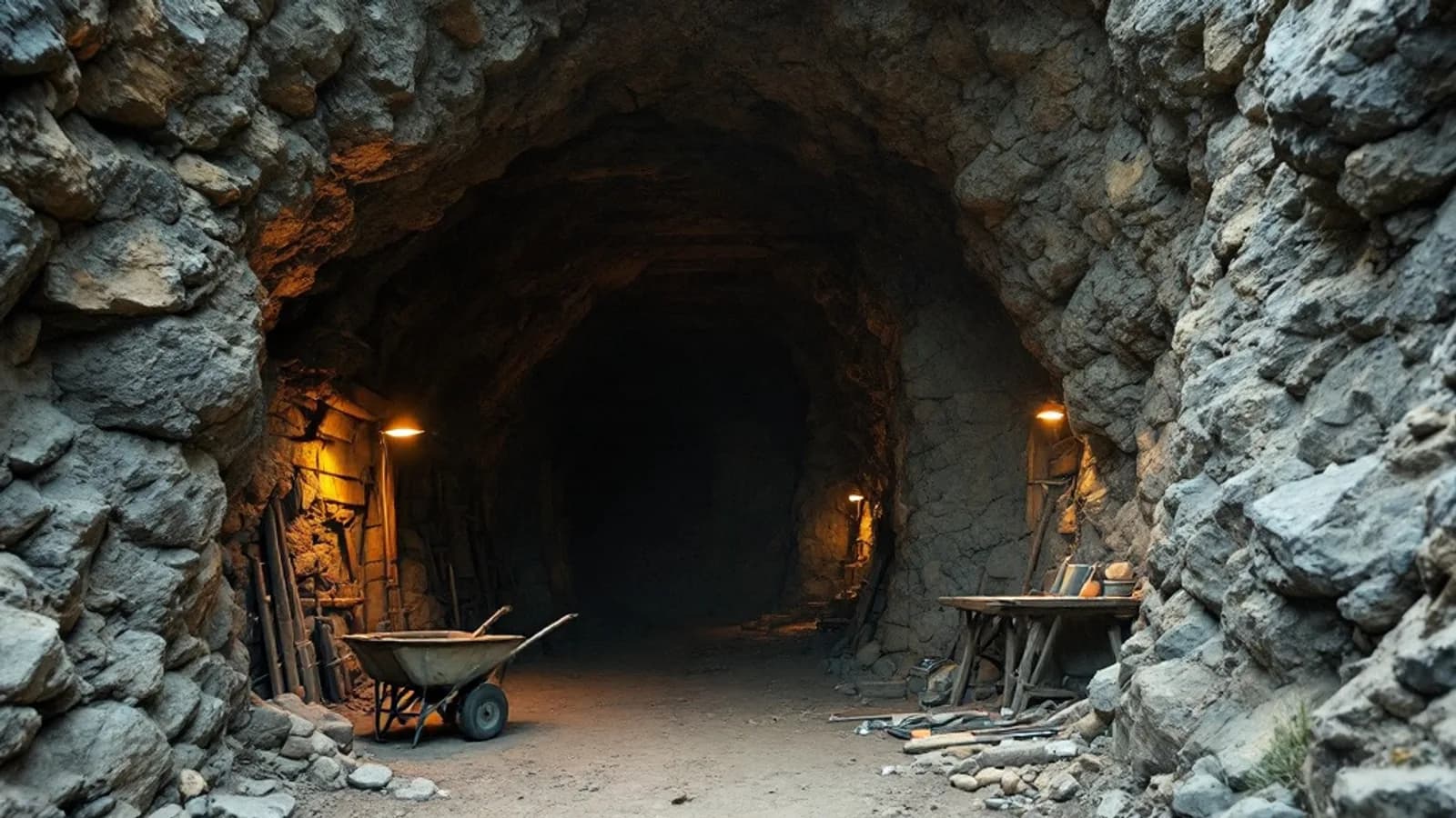 The mouth of a small working mine, lit by work lamps, with a barrow and hand tools